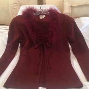 Orchid Burgundy Faux Fur Trim Front Tie Top